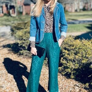 J. Crew‎ Size 4 Dark Pants Hunter Green Lace Pull On High Waist Straight Holiday